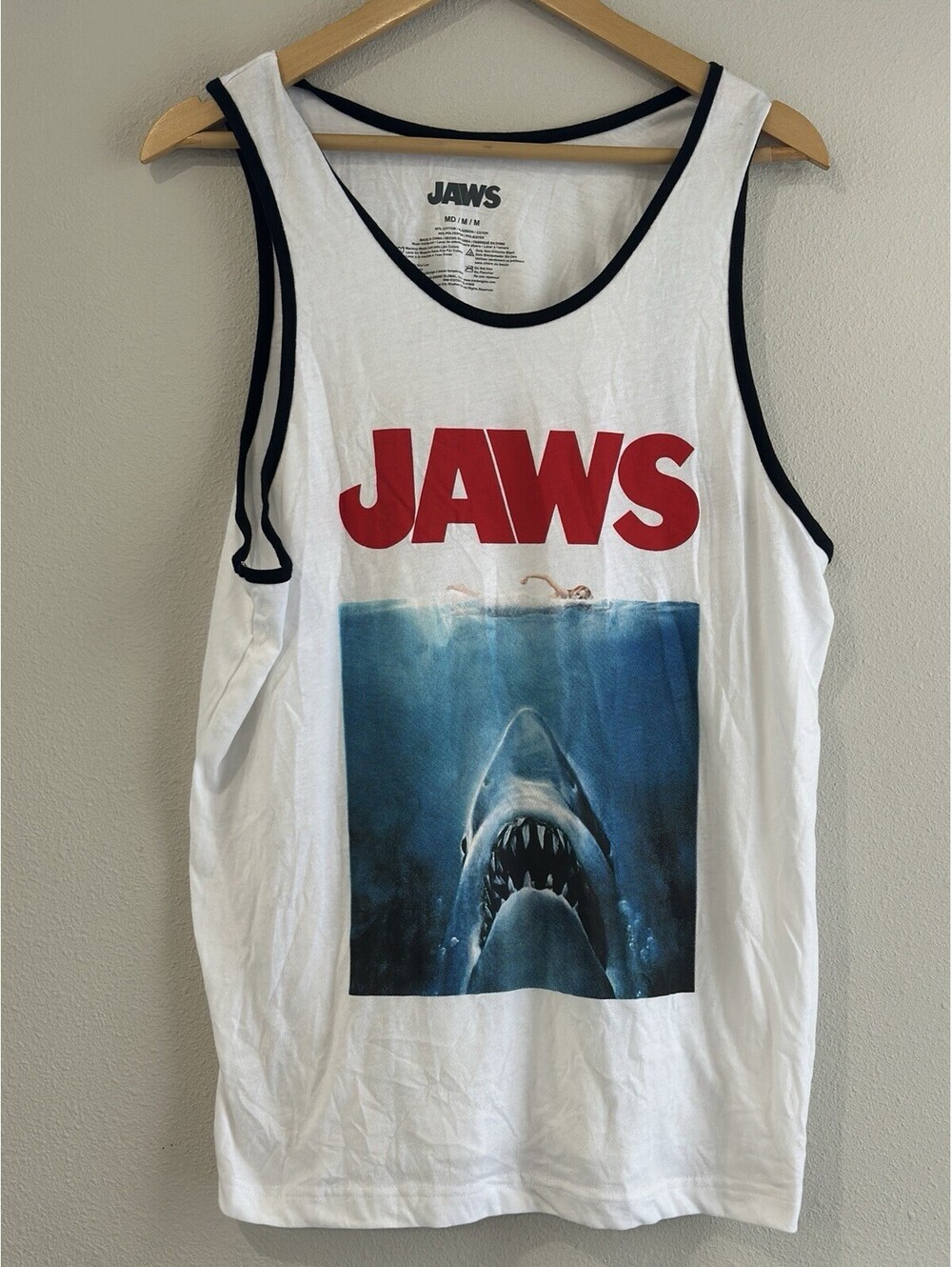 Official Men’s Jaws Shark Teeth Movie Poster Tank Top Size Medium White